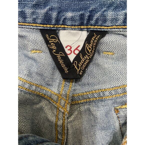 Lucky Brand Jeans Mens 36 x 30 Blue Bootleg Zip Fly Distressed - Picture 5 of 10